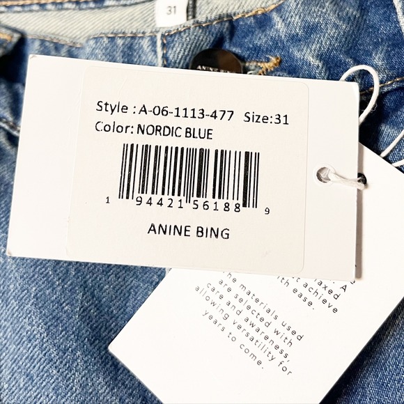 ANINE BING NWT Roy Mid Rise Relaxed Straight Leg Jeans 31 Nordic Blue split hem - Picture 9 of 13